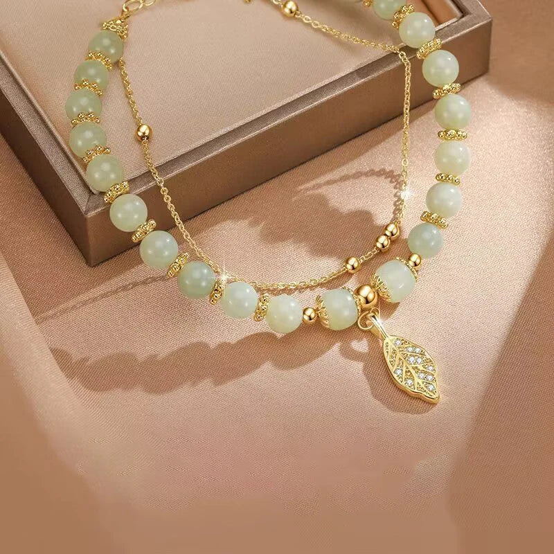 2026Chinese Style Green Jade Bracelet For Women Exquisite Gold Color Leaves Wrist Strap Bangle Double Chain Bracelet Girls Gifts