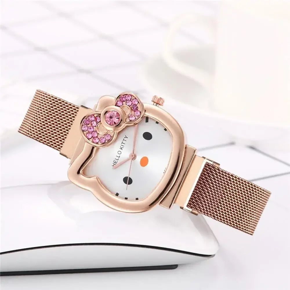 Hello Kitty Bow Diamond Watch Sanrio Anime Fashionable Quartz Watches Cute Cartoon Magnet Watches Girls Birthday Gifts