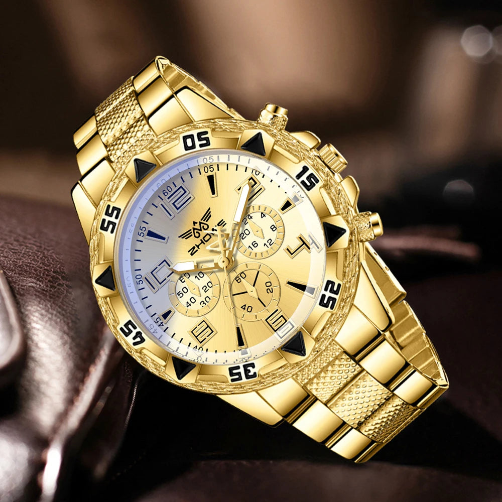 4PCS Men's Watch Set Business Trend Quartz Watch Bracelet Necklace Ring Set Suitable for Daily Clothing Matching Perfect Gift