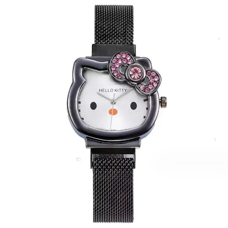 Hello Kitty Bow Diamond Watch Sanrio Anime Fashionable Quartz Watches Cute Cartoon Magnet Watches Girls Birthday Gifts