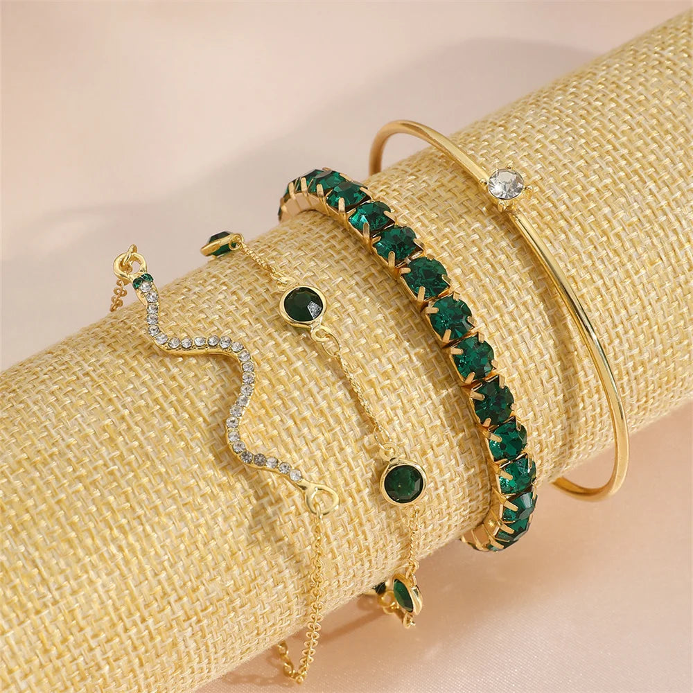 4Pcs/Set Fashionable Snake Imitation Gemstone Bangle Rhinestone Full Metal Bracelet For Birthday Party Christmas Gift For Women