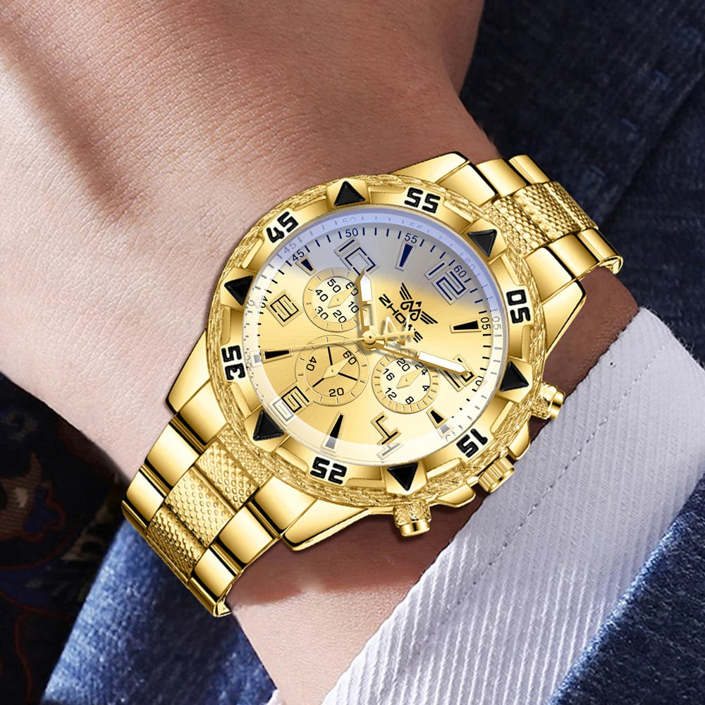 4PCS Men's Watch Set Business Trend Quartz Watch Bracelet Necklace Ring Set Suitable for Daily Clothing Matching Perfect Gift