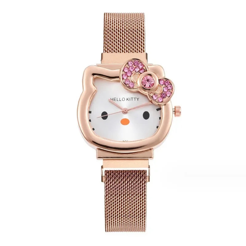 Hello Kitty Bow Diamond Watch Sanrio Anime Fashionable Quartz Watches Cute Cartoon Magnet Watches Girls Birthday Gifts