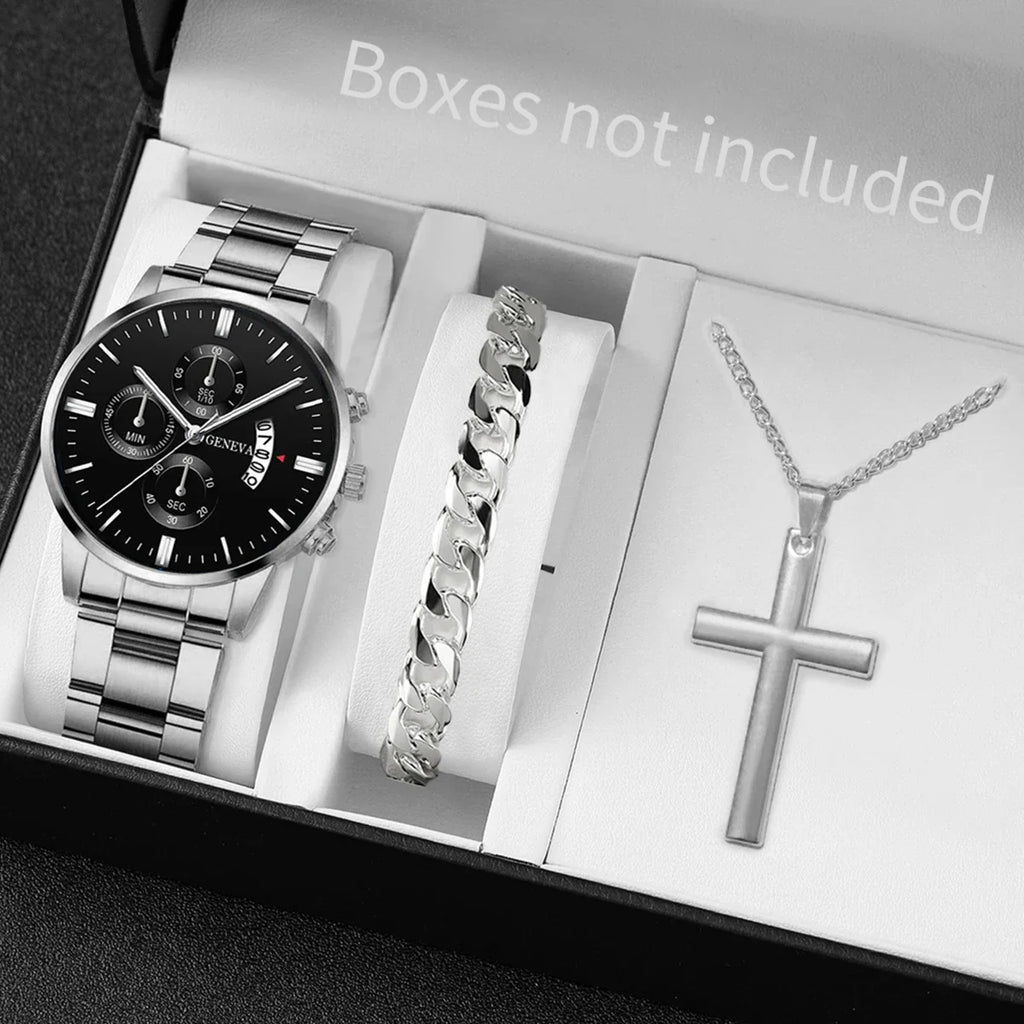 3PCS Men's Watch Set Business Trend Classic Round Dial Quartz Watch Bracelet Necklace Set Perfect Gift for Friends or Dad