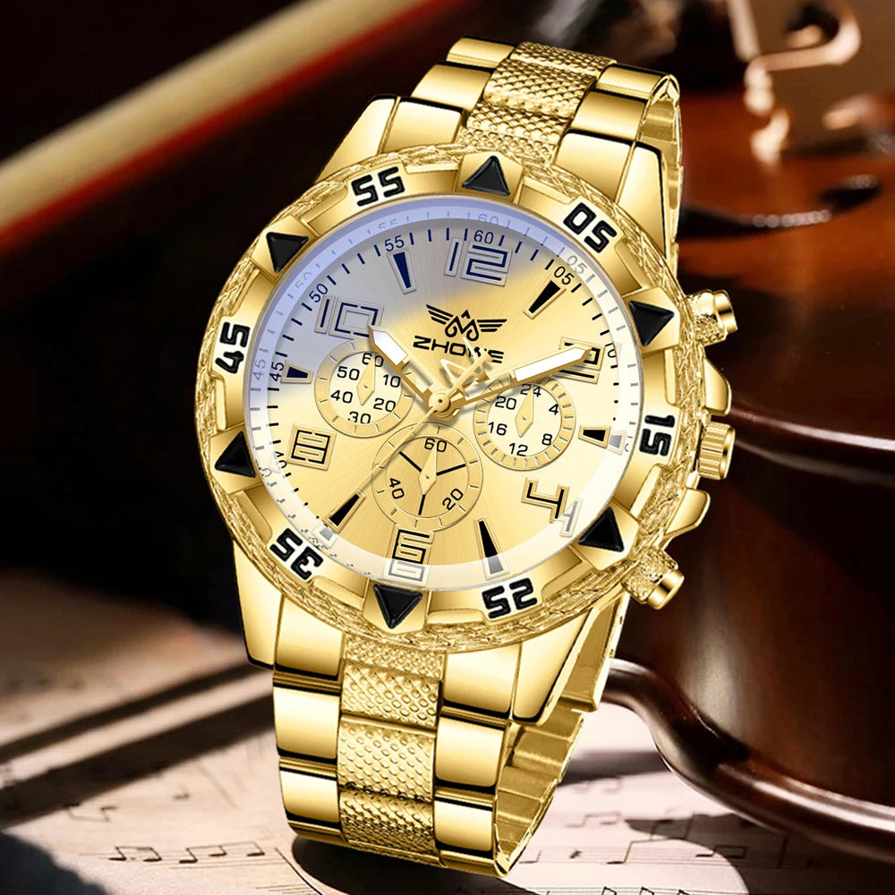 4PCS Men's Watch Set Business Trend Quartz Watch Bracelet Necklace Ring Set Suitable for Daily Clothing Matching Perfect Gift