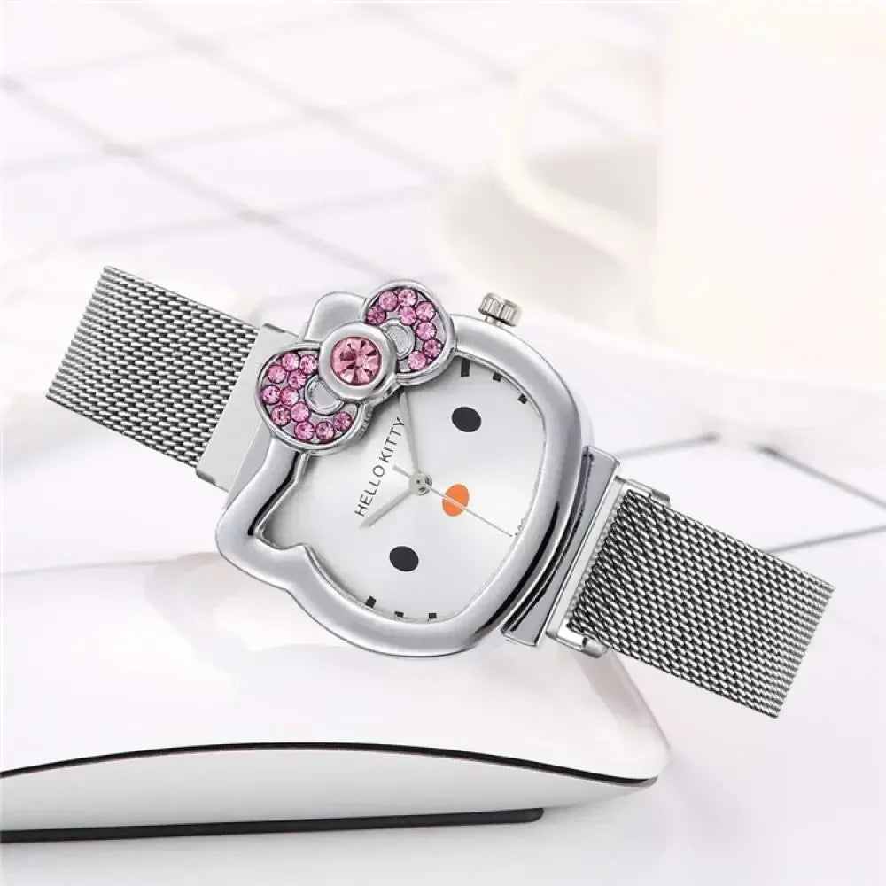 Hello Kitty Bow Diamond Watch Sanrio Anime Fashionable Quartz Watches Cute Cartoon Magnet Watches Girls Birthday Gifts