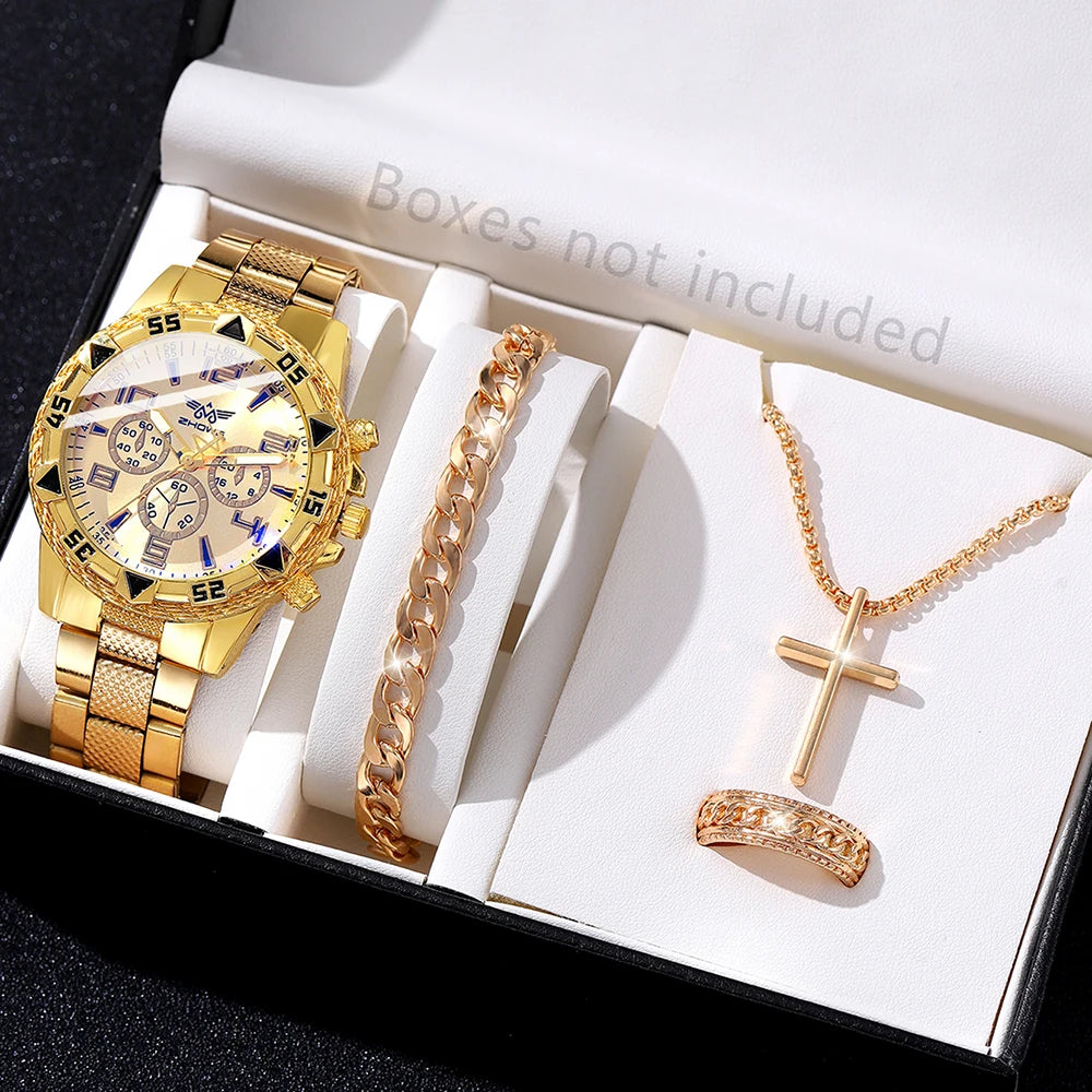 4PCS Men's Watch Set Business Trend Quartz Watch Bracelet Necklace Ring Set Suitable for Daily Clothing Matching Perfect Gift