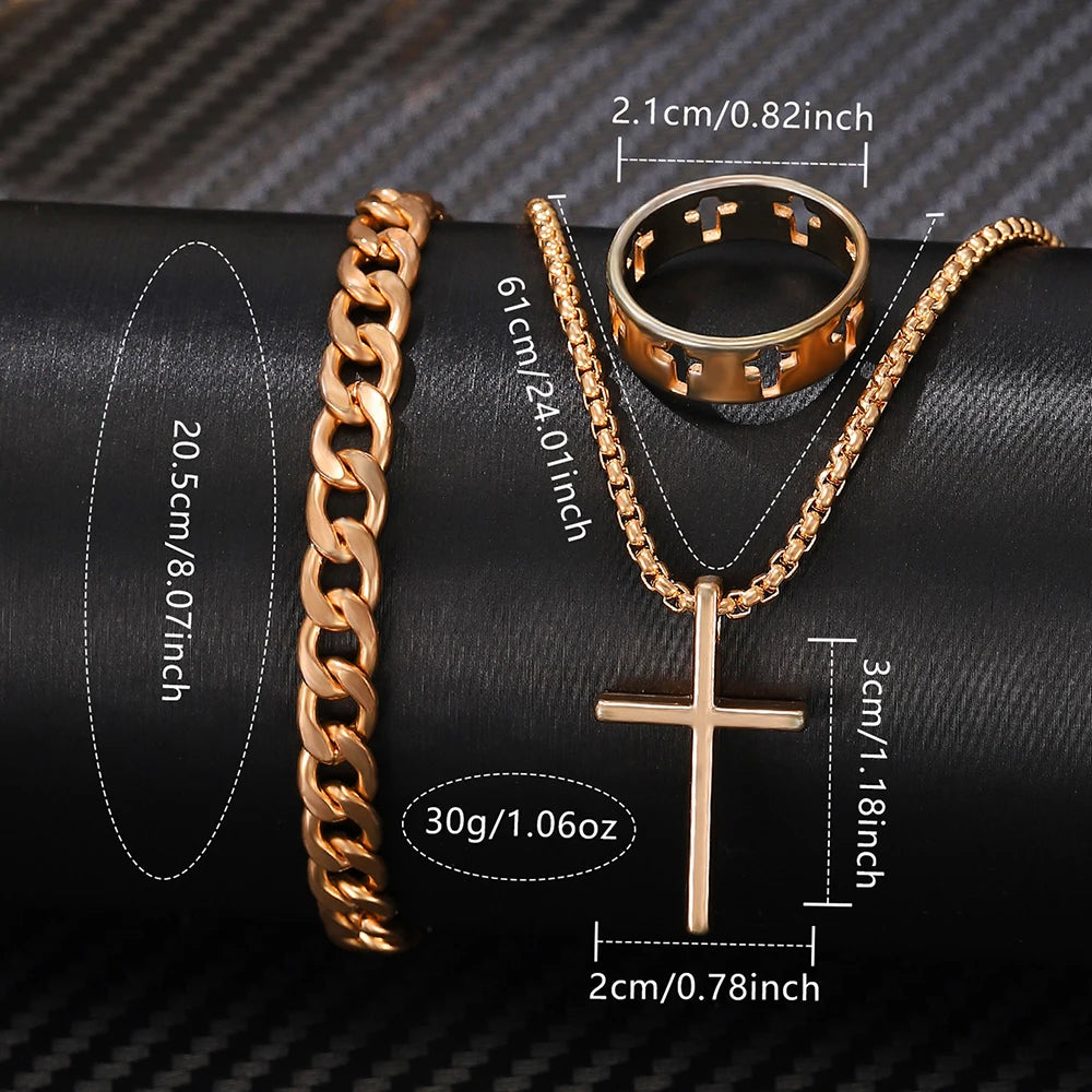 4PCS Men's Watch Set Business Trend Quartz Watch Bracelet Necklace Ring Set Suitable for Daily Clothing Matching Perfect Gift