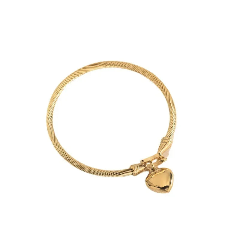 18k Gold Color Stainless Steel Heart Pendant Charm Bangle Bracelets for Men Women