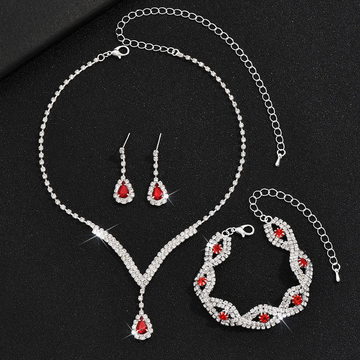3 Pcs Luxury Rhinestone Bride Jewelry Set for Women Black Water Drop Crystal Earrings Wedding V Necklace Eye Bracelet Fashion-