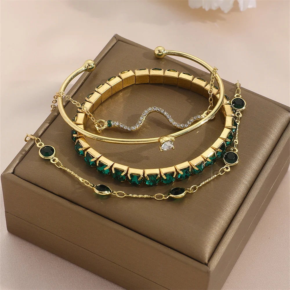 4Pcs/Set Fashionable Snake Imitation Gemstone Bangle Rhinestone Full Metal Bracelet For Birthday Party Christmas Gift For Women
