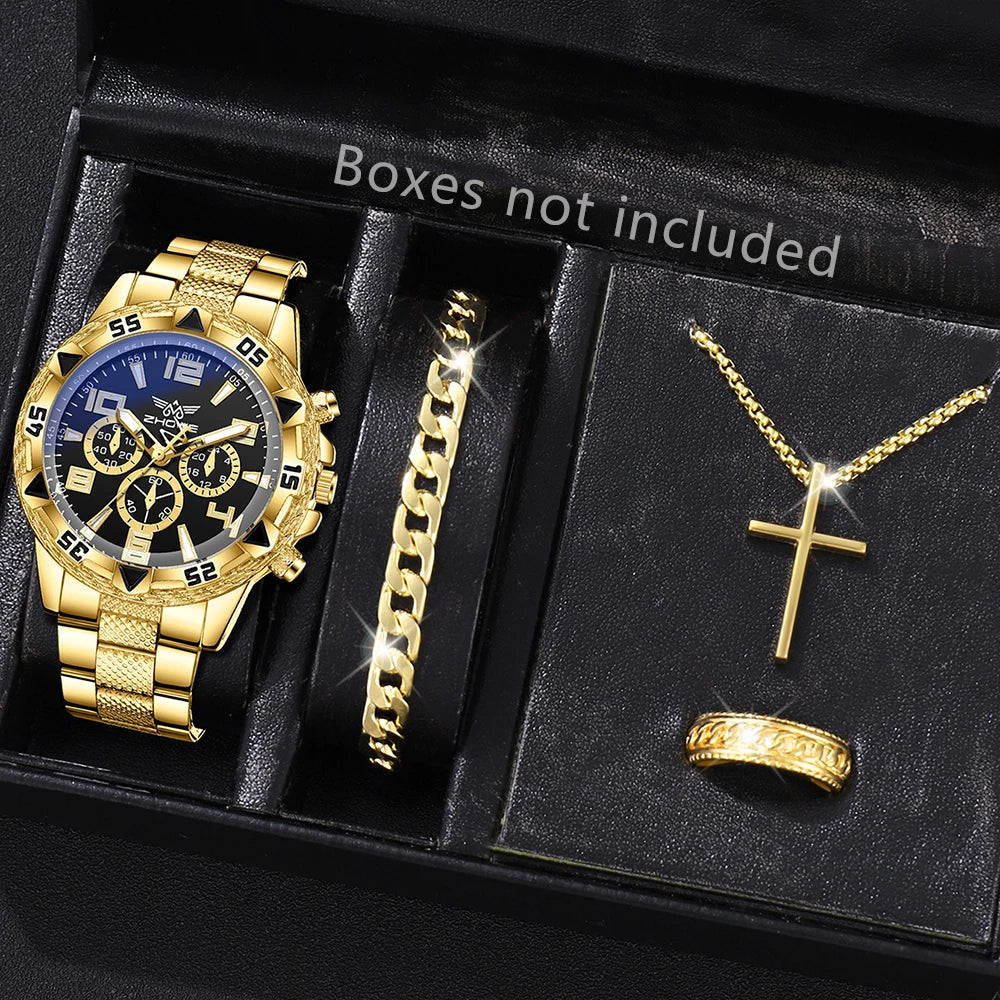 4PCS Men's Watch Set Business Trend Quartz Watch Bracelet Necklace Ring Set Suitable for Daily Clothing Matching Perfect Gift