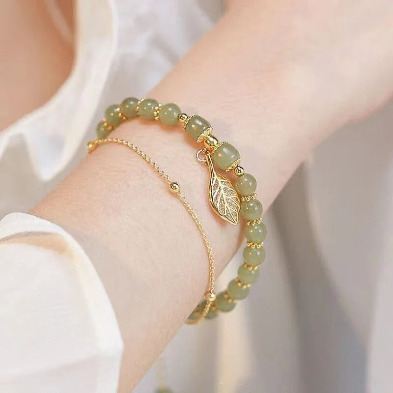 2026Chinese Style Green Jade Bracelet For Women Exquisite Gold Color Leaves Wrist Strap Bangle Double Chain Bracelet Girls Gifts