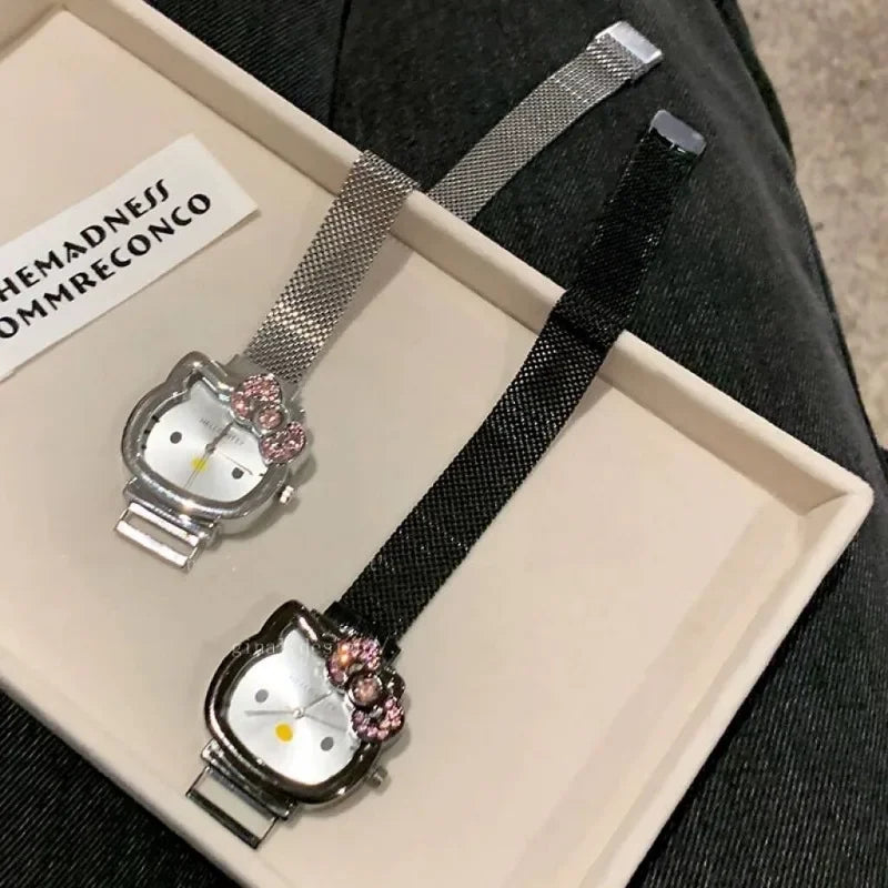 Hello Kitty Bow Diamond Watch Sanrio Anime Fashionable Quartz Watches Cute Cartoon Magnet Watches Girls Birthday Gifts